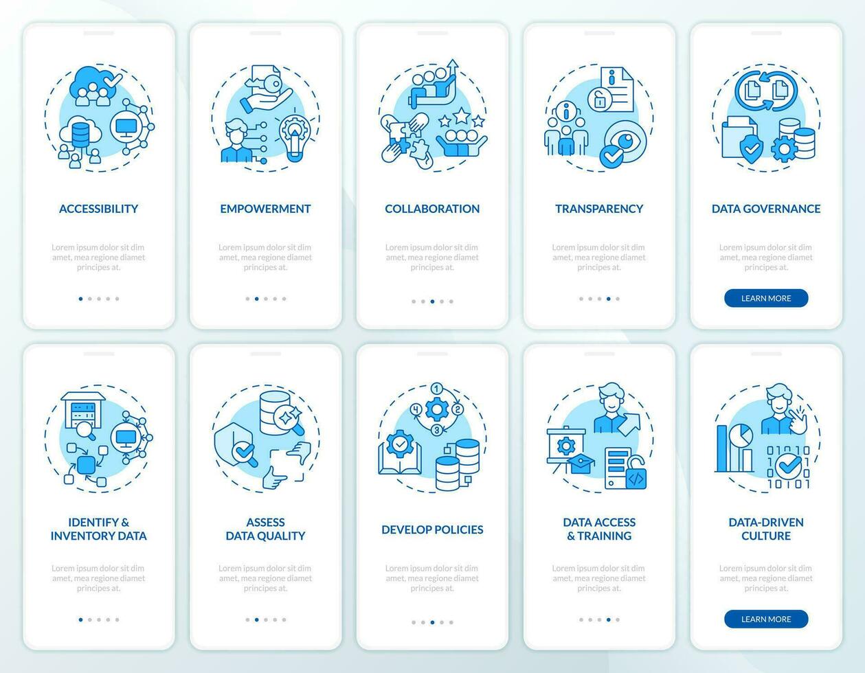 2d Symbole Darstellen Daten Demokratisierung Handy, Mobiltelefon App Bildschirm Satz. Komplettlösung 5 Schritte Blau Grafik Anleitung mit dünn Linie Symbole Konzept, ui, ux, gui Vorlage. vektor