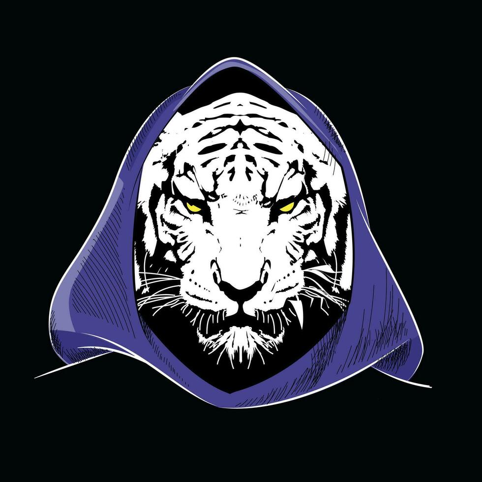Blau mit Kapuze Tiger Gesicht T-Shirt Design isoliert auf schwarz. Vektor Illustration von ein mittelalterlich Zauberer katzenartig.