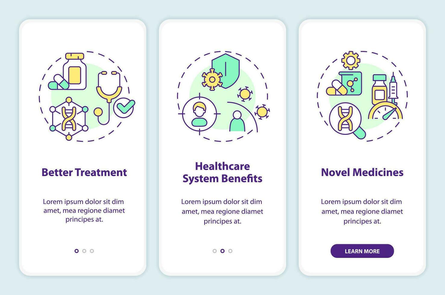 fördelar av precision medicin onboarding mobil app skärm. genomik genomgång 3 steg redigerbar grafisk instruktioner med linjär begrepp. ui, ux, gui mall vektor