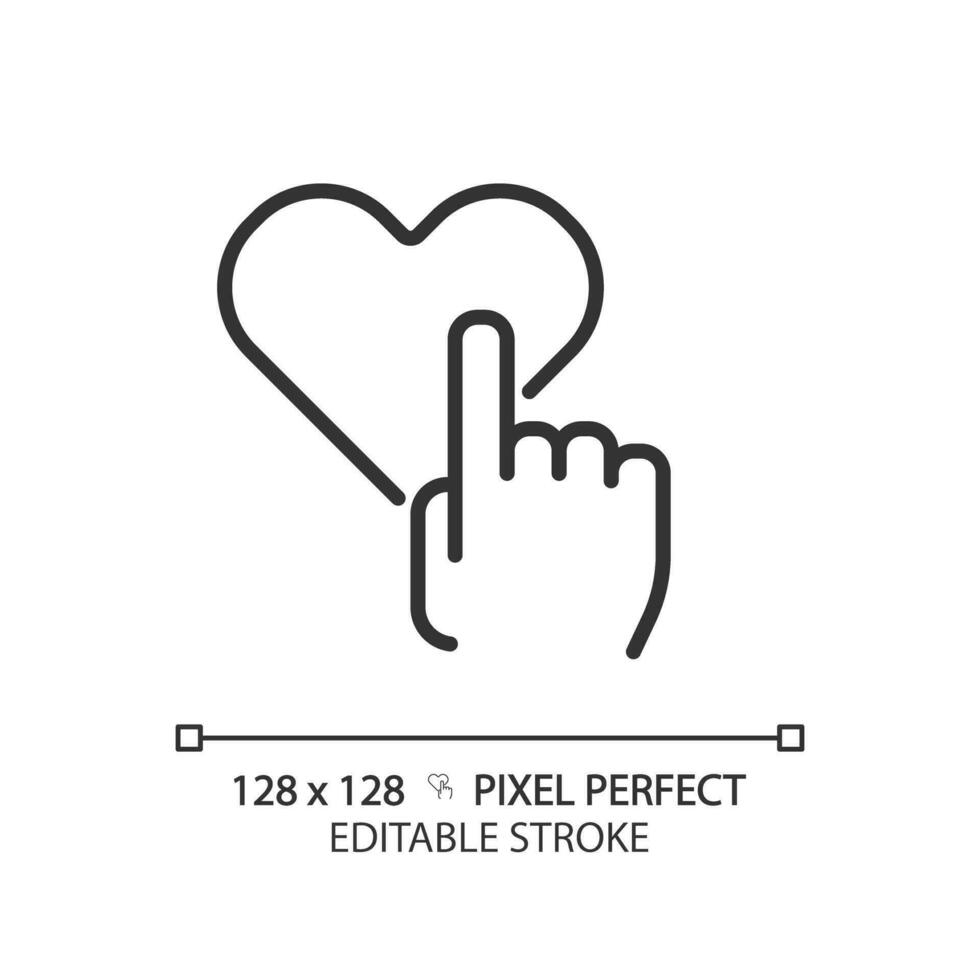 tycka om pixel perfekt linjär ikon. hand med hjärta. reaktion på social media posta. positiv betyg av service. tunn linje illustration. kontur symbol. vektor översikt teckning. redigerbar stroke