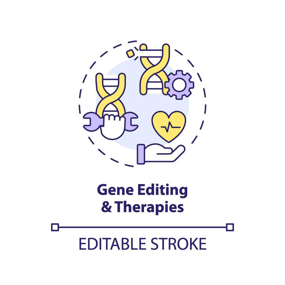 gen redigering och terapier begrepp ikon. förmåga till förändra organism dna. sjukvård teknologi. genomisk medicin abstrakt aning tunn linje illustration. isolerat översikt teckning. redigerbar stroke vektor