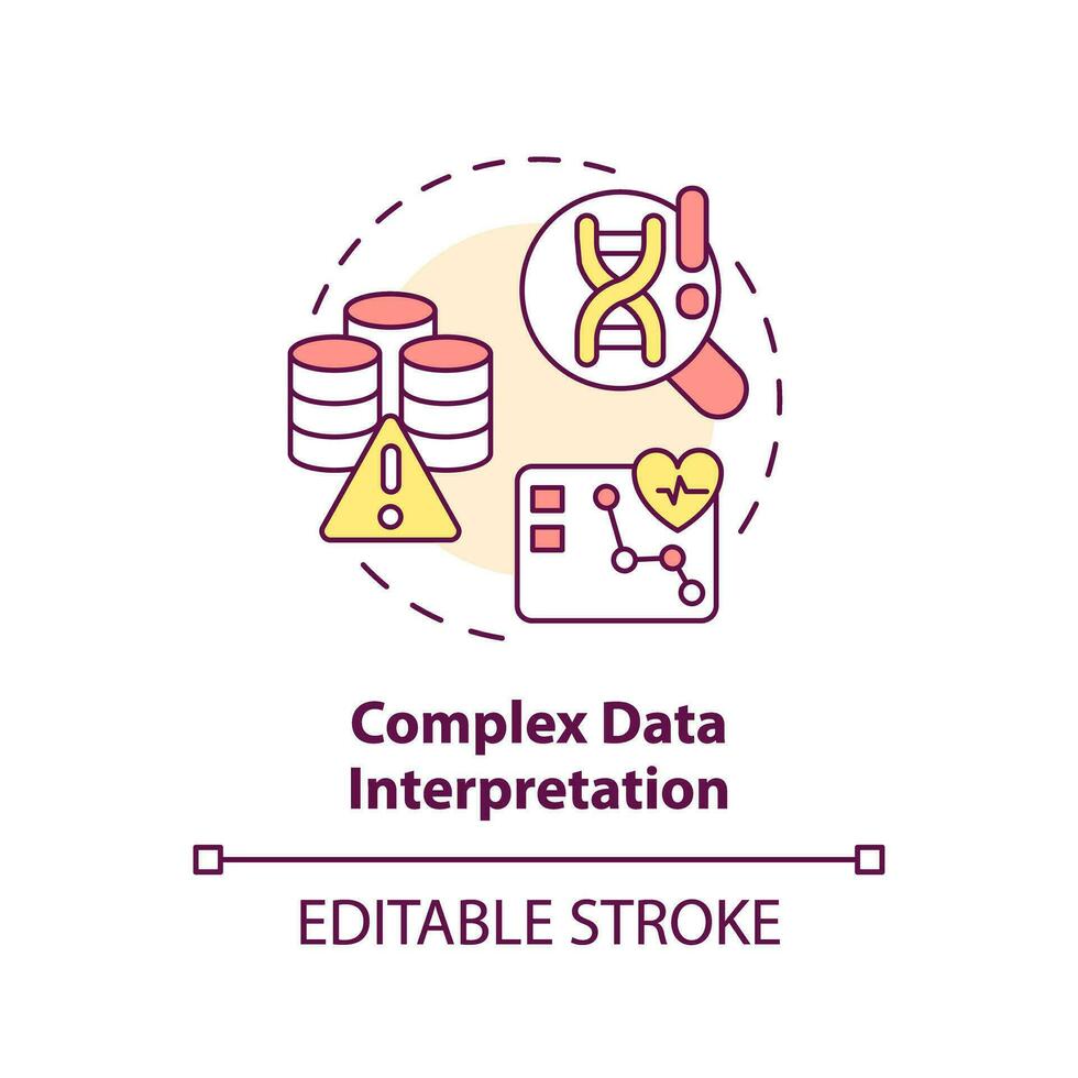 komplex data tolkning begrepp ikon. potential misstag i forskning. precision medicin utmaning och begränsning abstrakt aning tunn linje illustration. isolerat översikt teckning. redigerbar stroke vektor