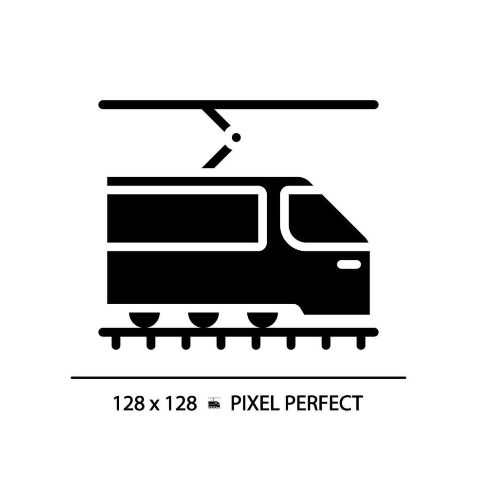 Straßenbahn Pixel perfekt schwarz Glyphe Symbol. Straßenbahn Zug. städtisch Transport. Licht Schiene Fahrzeug. modern Straßenbahn. Silhouette Symbol auf Weiß Raum. solide Piktogramm. Vektor isoliert Illustration