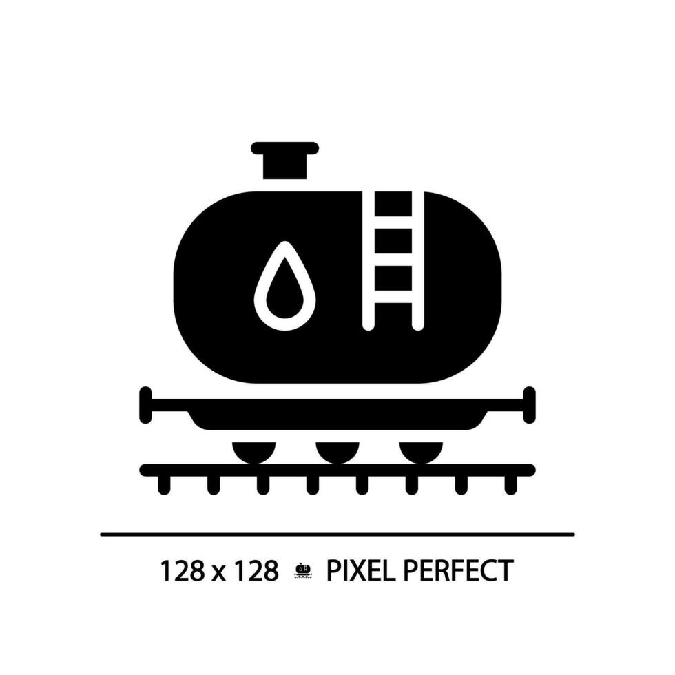 tank bil pixel perfekt svart glyf ikon. bensin transport. järnväg vagn. diesel bränsle. flytande frakt. silhuett symbol på vit Plats. fast piktogram. vektor isolerat illustration