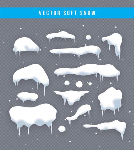 Snöhattar, snöbollar och snödäckssats. Snöflinga vektor samling. Vinterdekorationselement. Snöiga element på vinterns bakgrund. Teckensmall. Snöfall och snöflingor i rörelse. Illustration.