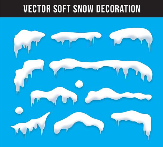 Snöhattar, snöbollar och snödäckssats. Snöflinga vektor samling. Vinterdekorationselement. Snöiga element på vinterns bakgrund. Teckensmall. Snöfall och snöflingor i rörelse. Illustration.