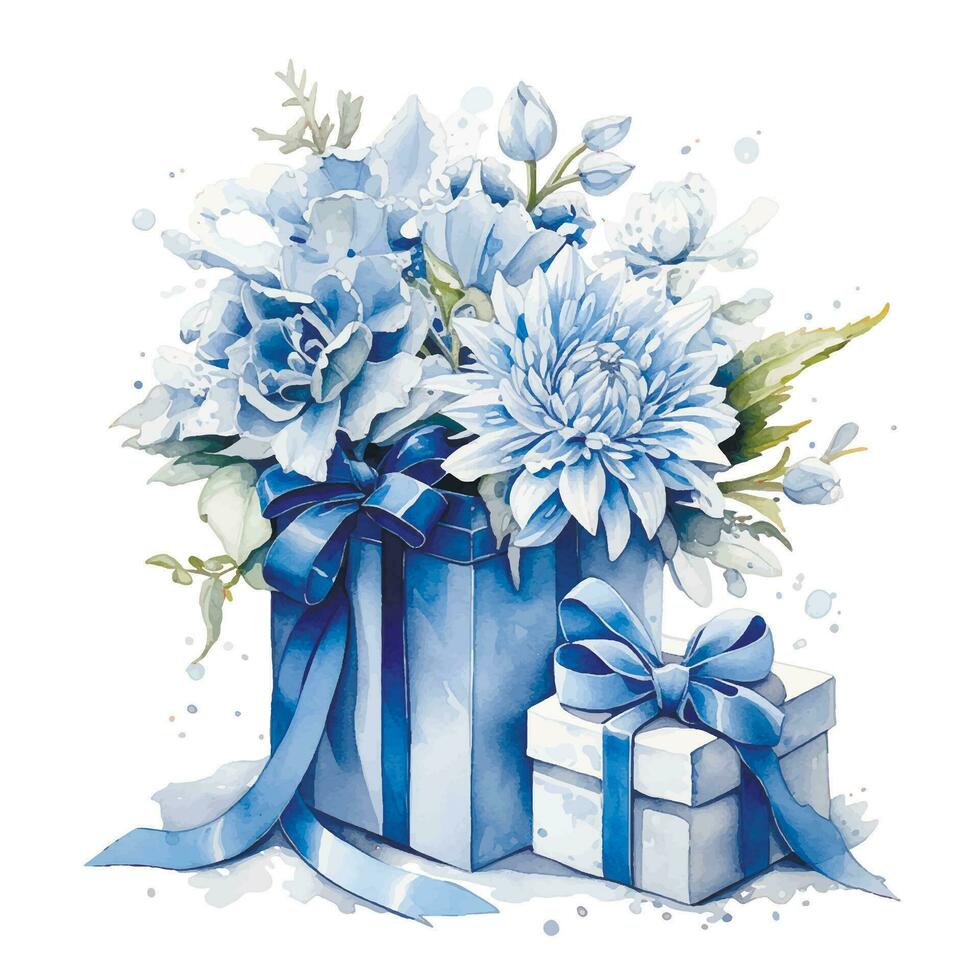Aquarell Zeichnung, Geschenk Box mit Bänder und Blumen im Blau. Baby Junge vektor