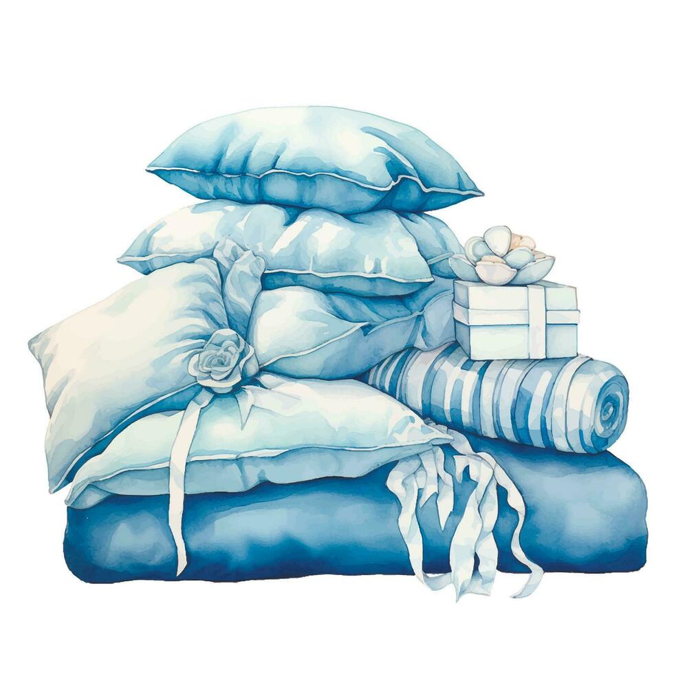 Aquarell Zeichnung mit Blau Kissen, Decken und Geschenke. Neugeborene Baby Junge vektor
