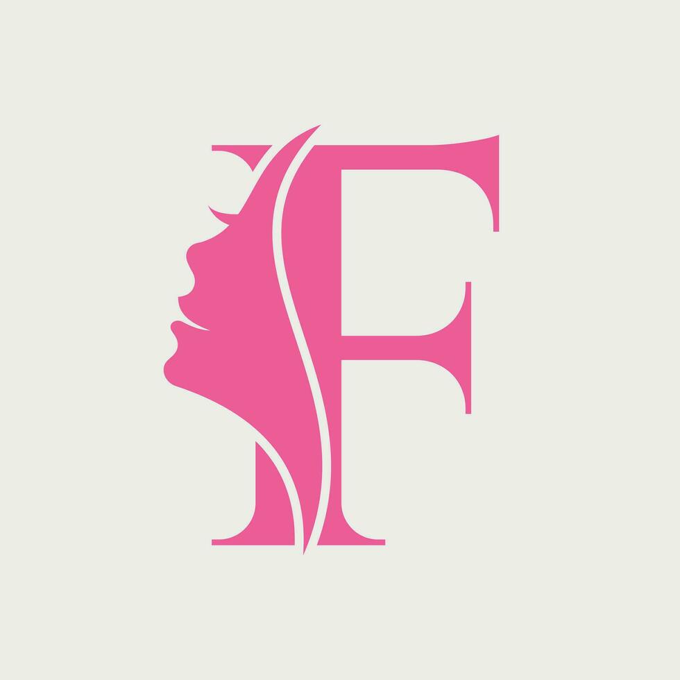kvinna ansikte logotyp på brev f. skönhet spa symbol med kvinna ansikte ikon vektor