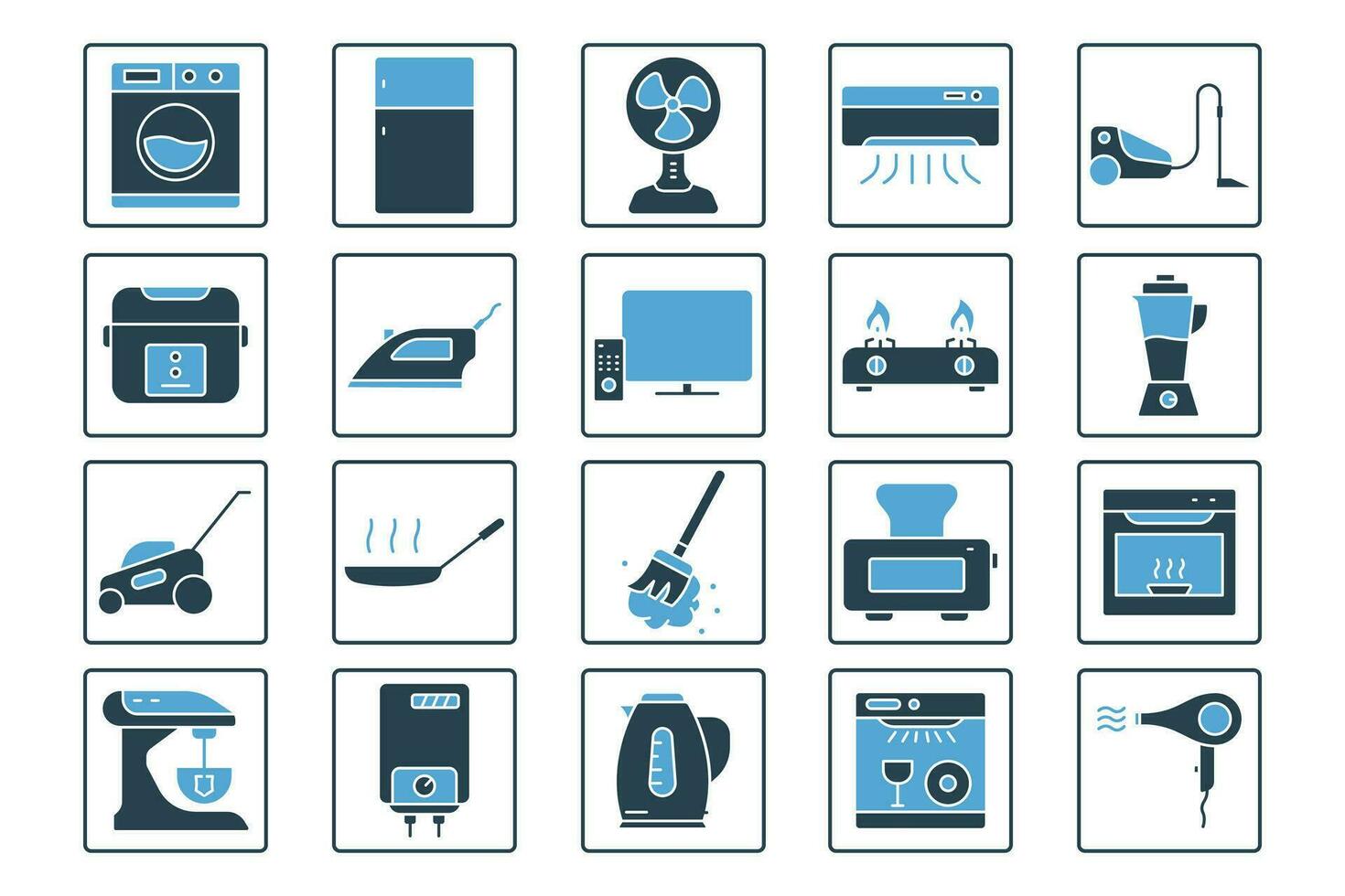 Zuhause Gerät Symbol Satz. Symbol verbunden zu Haushalt Gerät. enthält Waschen Maschine, Kühlschrank, Fan, Vakuum Reiniger, Fernseher und mehr. solide Symbol Stil Design. einfach Vektor Design editierbar