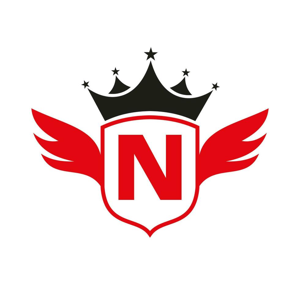 brev n transport logotyp med vinge, skydda och krona ikon. vinge logotyp på skydda symbol vektor