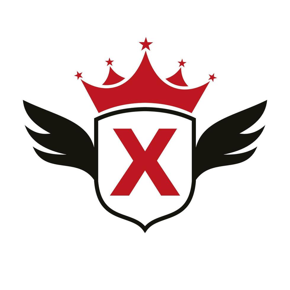 Brief x Transport Logo mit Flügel, Schild und Krone Symbol. Flügel Logo auf Schild Symbol vektor