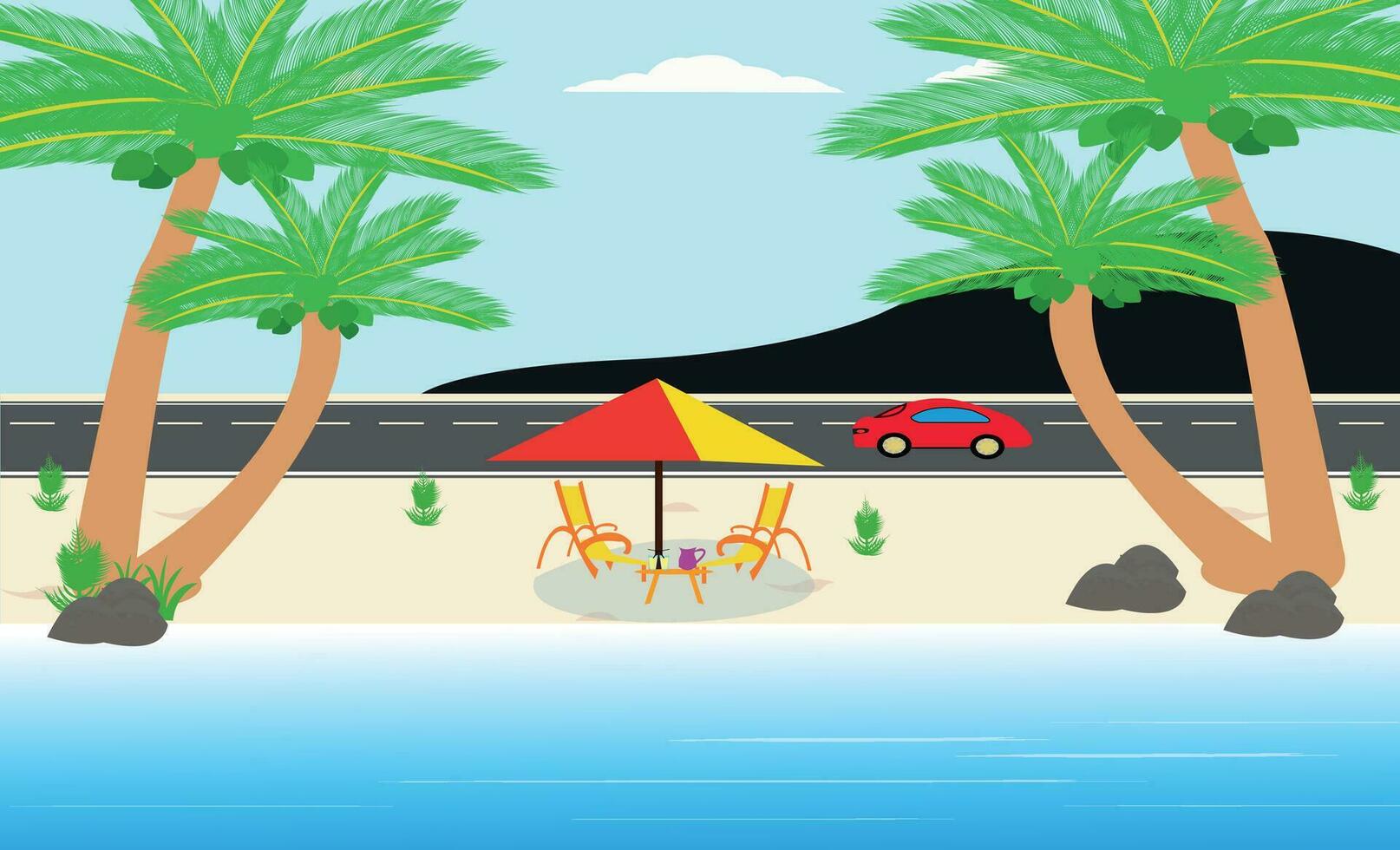 uppsättning av sommar semester vektor illustration paradis strand tropisk strand, paraply väg och bilar, tillflykt berg och kokos träd.