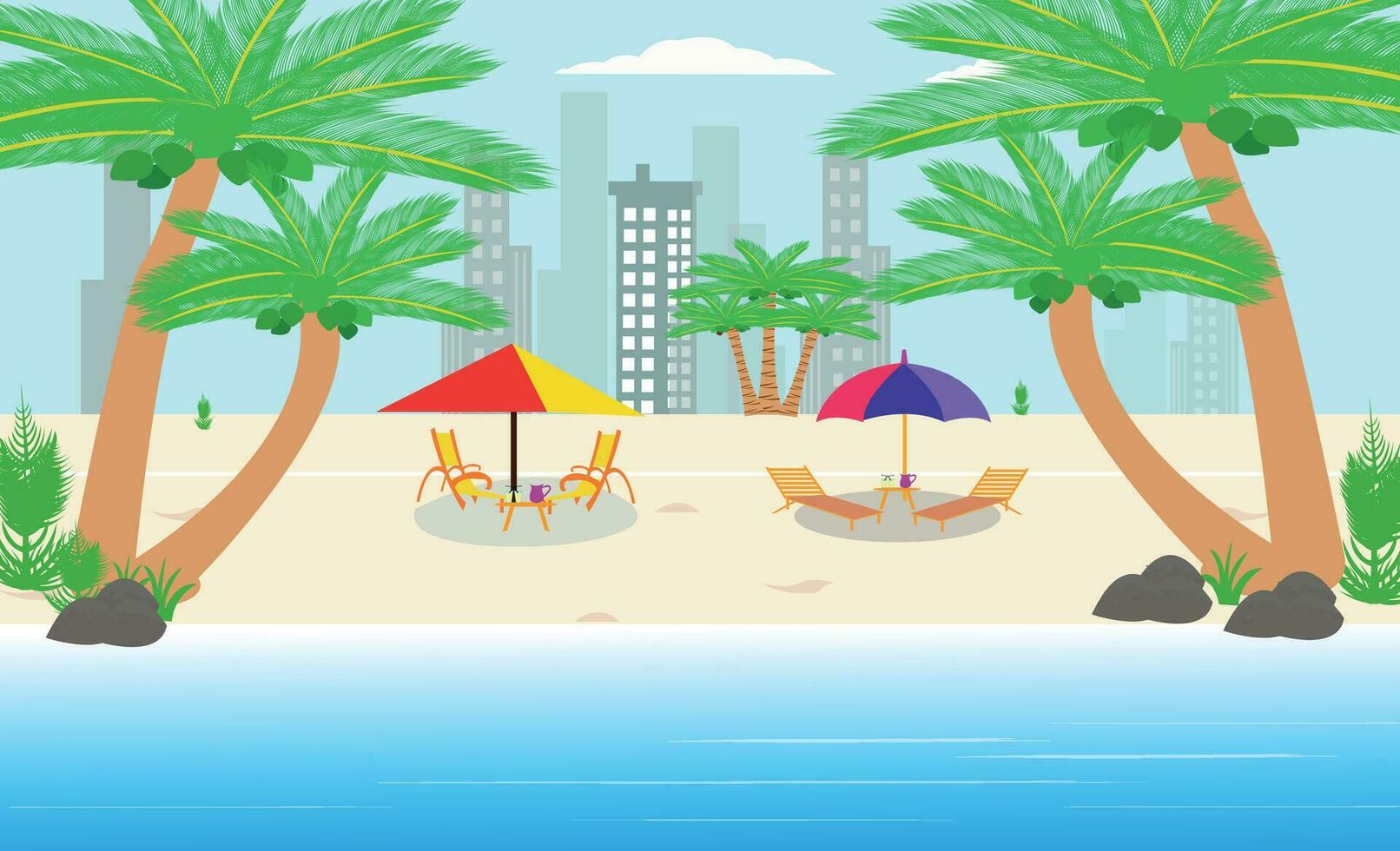 uppsättning av sommar semester vektor illustration paradis strand tropisk strand, paraply väg och bilar, tillflykt berg och kokos träd.