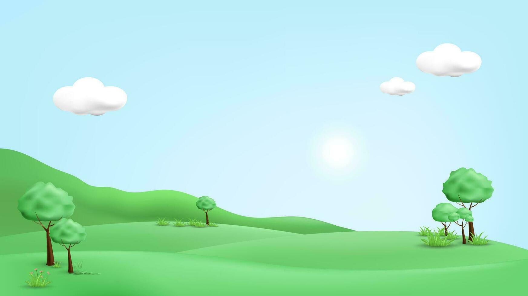 3d landskap illustration med 3d träd, moln och Sol. vektor illustration.