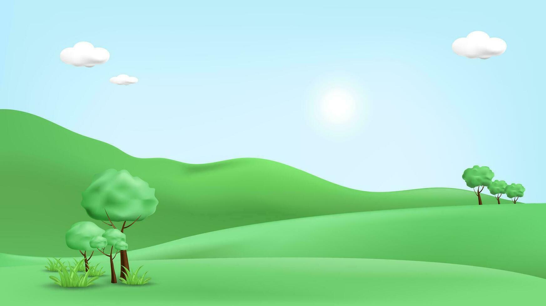 3d Landschaft Illustration mit 3d Bäume, Wolke und Sonne. Vektor Illustration.