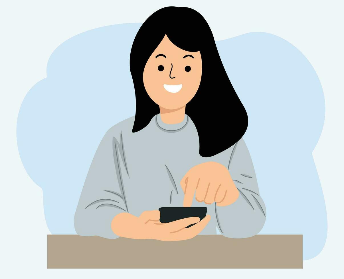 kvinna med ett finger på skärmen med en mobiltelefon på kontoret vektor