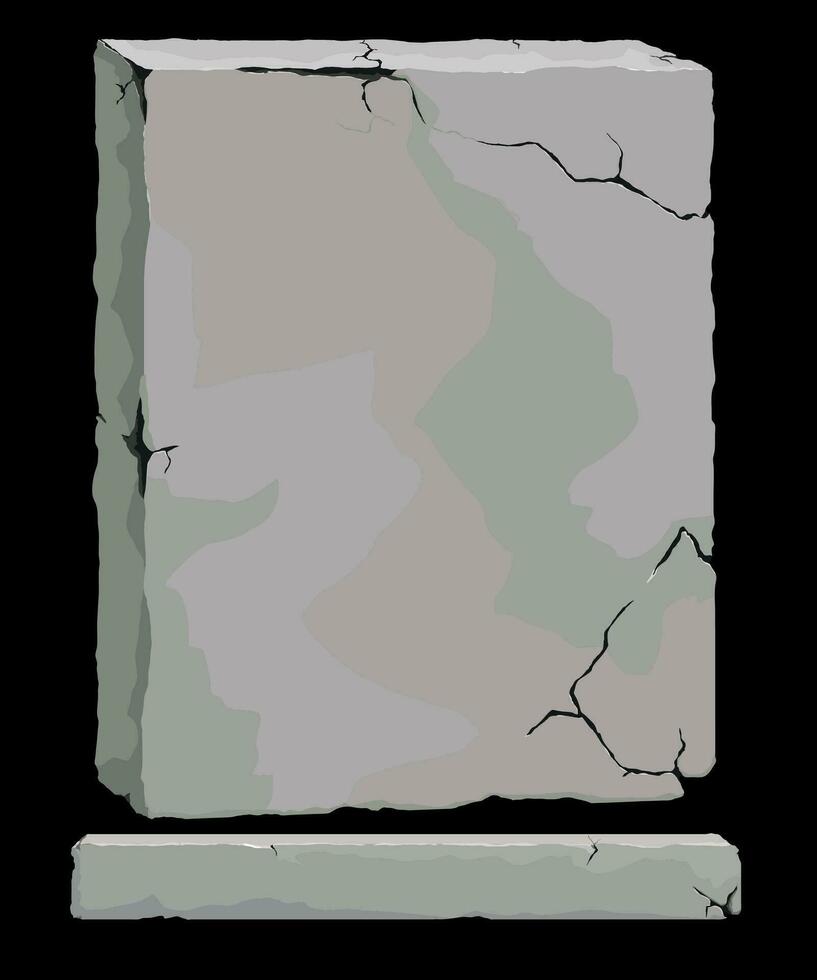 3d einfach Stein Tablette, Felsen Banner mit geknackt Elemente im Karikatur Stil Vektor. grau rahmen, Block Felsbrocken zum Schnittstelle ui Spiele. vektor