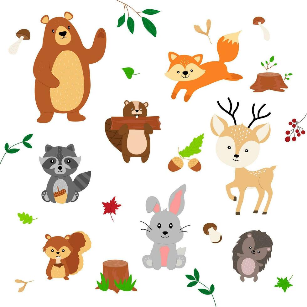 süß Wald Tiere im Karikatur Stil. Natur Wald. tragen, Fuchs, Eichhörnchen, Igel, Hase, Waschbär. Vektor Illustration