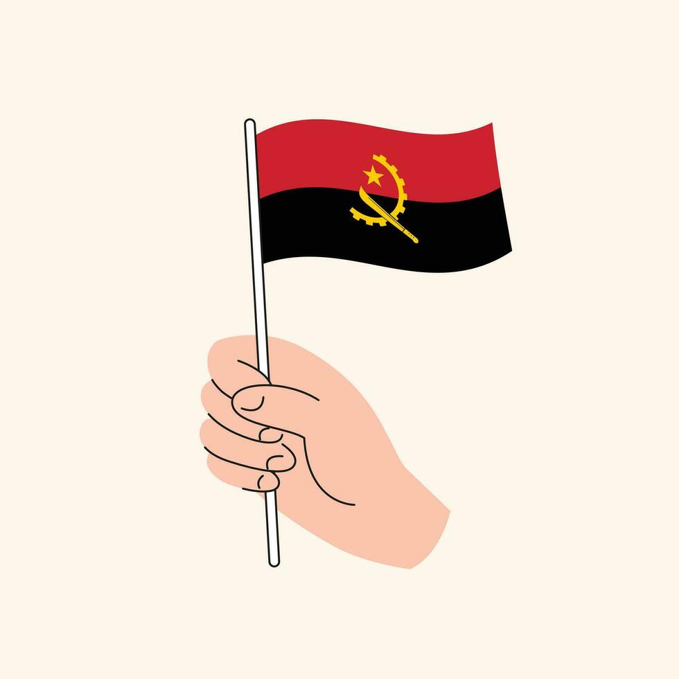 Karikatur Hand halten Angolan Flagge, isoliert Vektor Zeichnung.