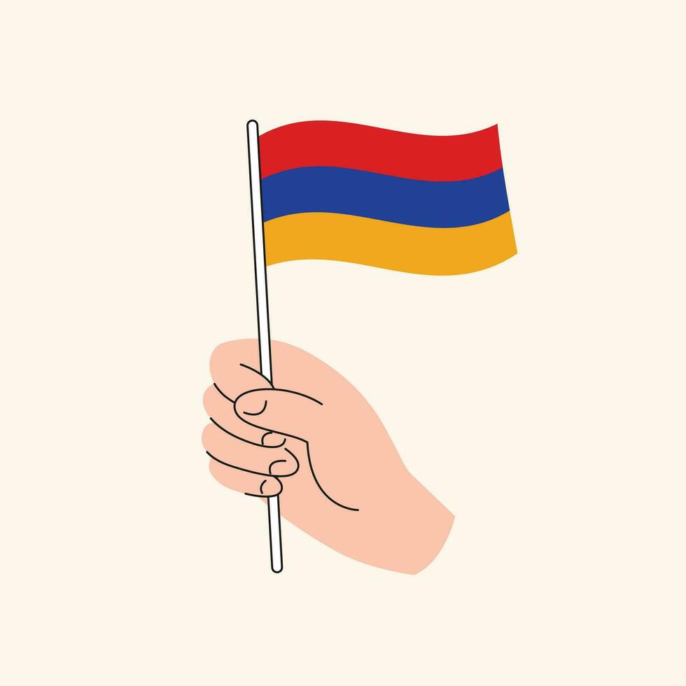 tecknad serie hand innehav armeniska flagga, isolerat vektor teckning.