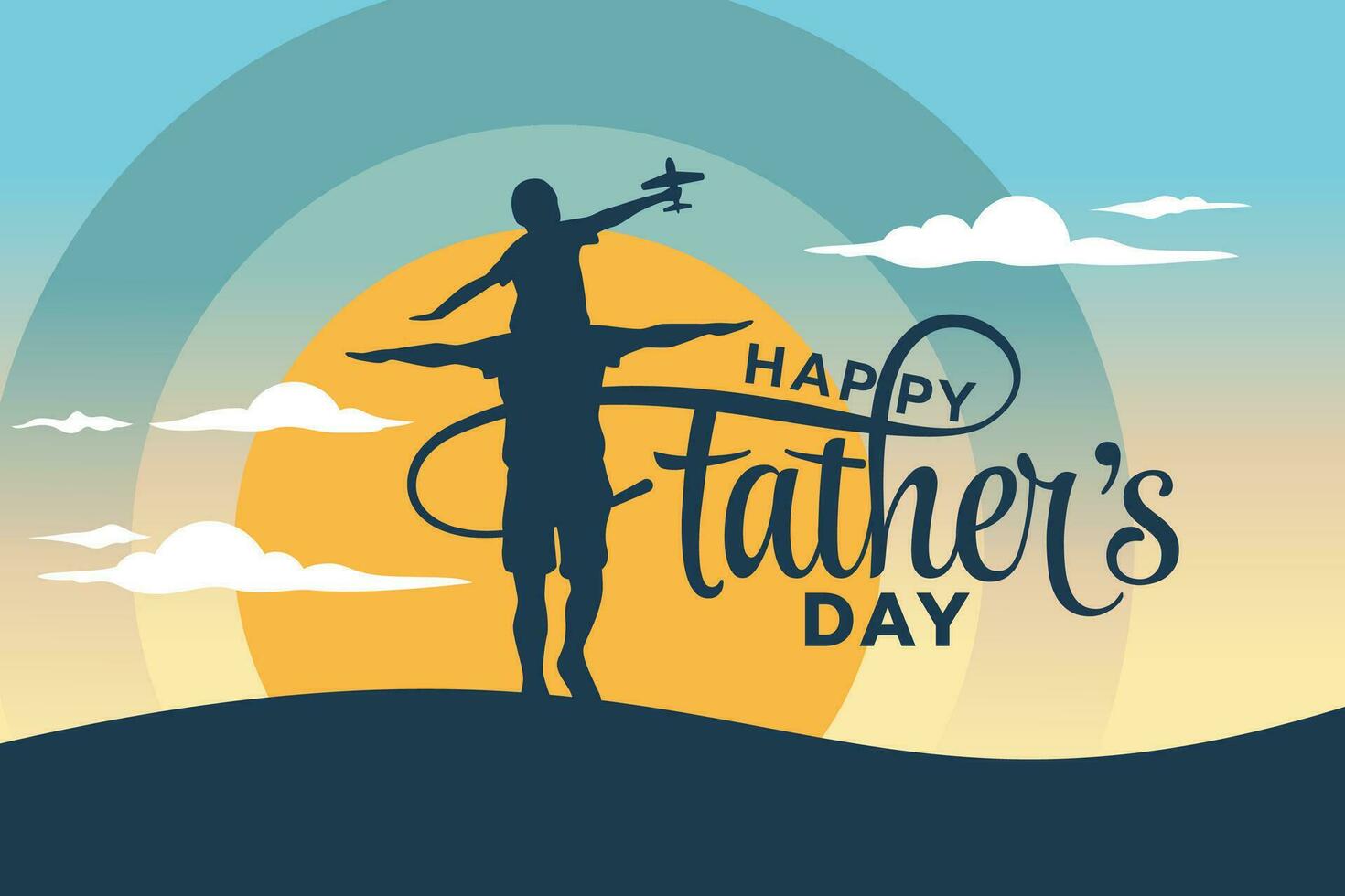glücklich Vaters Tag Vektor Grafik mit ein Silhouette von ein Vater halten seine Sohn auf seine Schultern. glücklich Vaters Tag Beschriftung zum Vaters Tag Feierlichkeiten, Schöne Grüße Karte, usw.