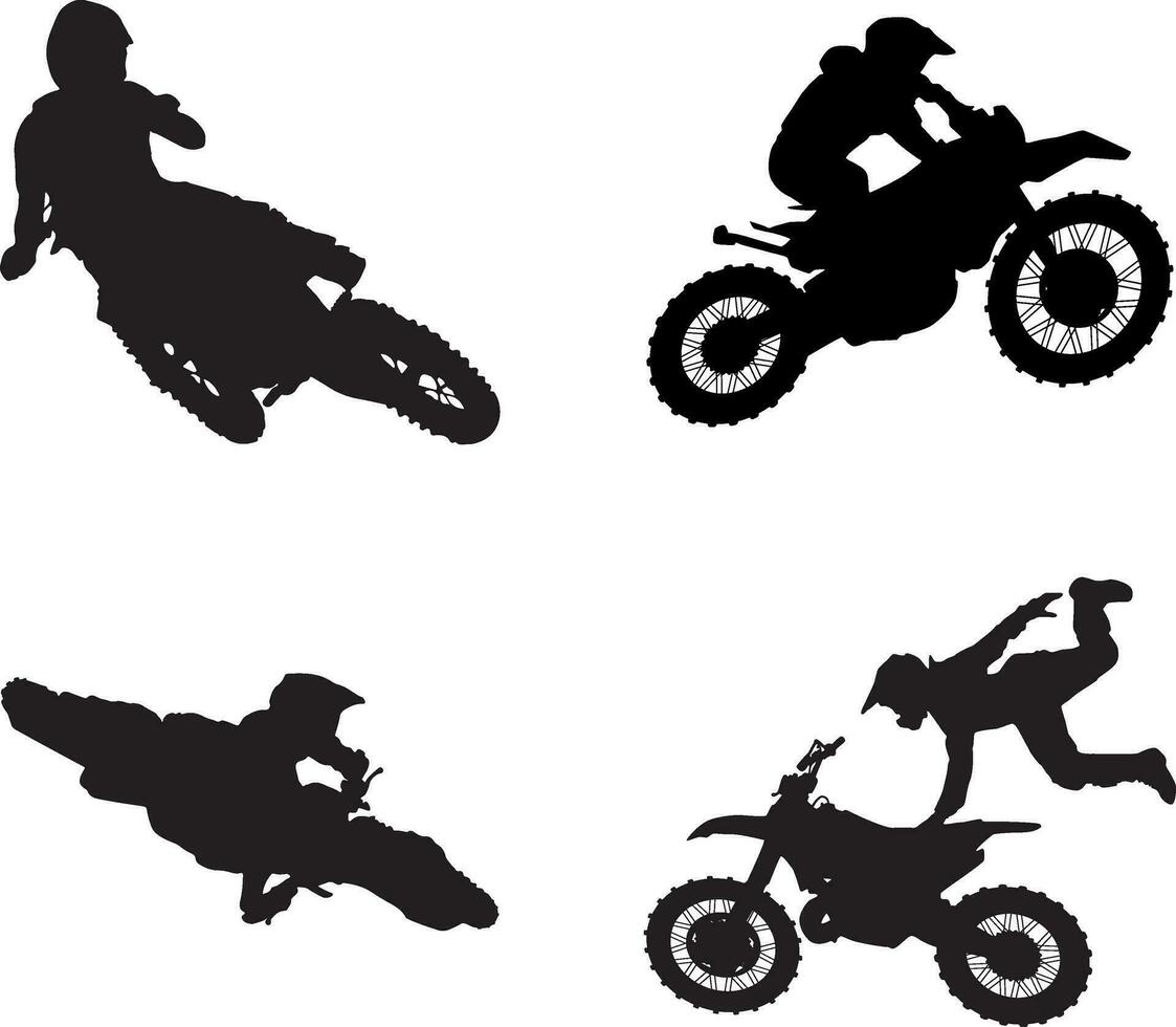 Moto-Cross Fahrer Silhouette mit Springen, Freistil und Rennen Konzept. Vektor Illustration