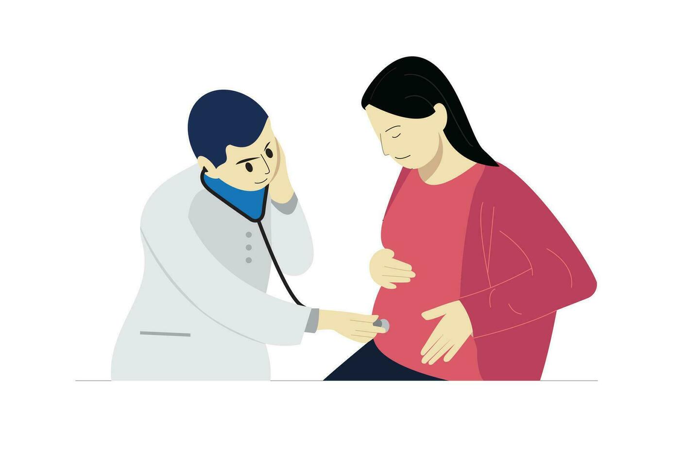 gravid kvinna besöker en läkare, specifikt en gynekolog, för henne prenatal kolla upp och medicinsk diagnos på de sjukhus. de begrepp kretsar runt om moderskap och kvinna hälsa, vektor