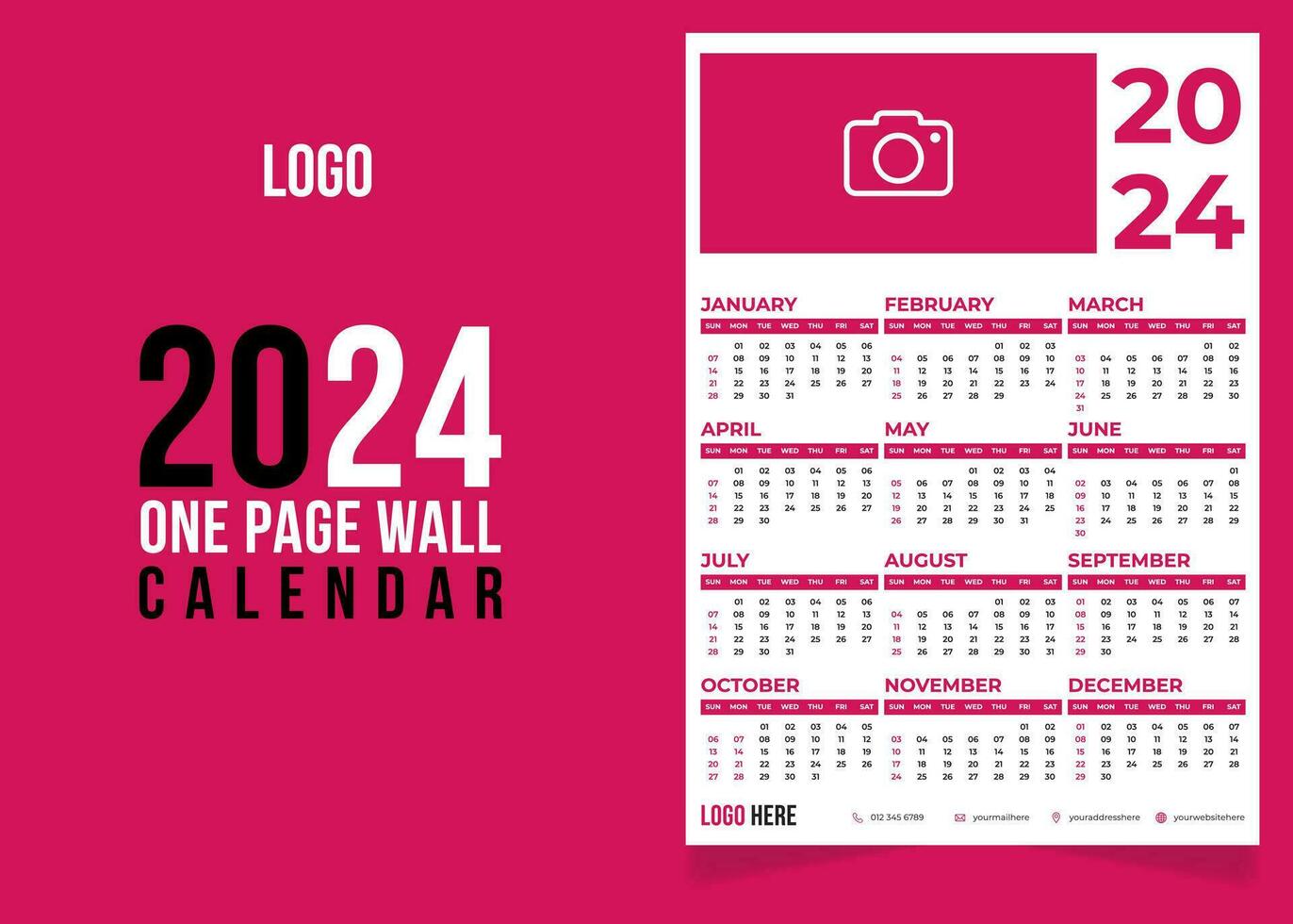 einer Seite Mauer Kalender Vorlage 2024 vektor