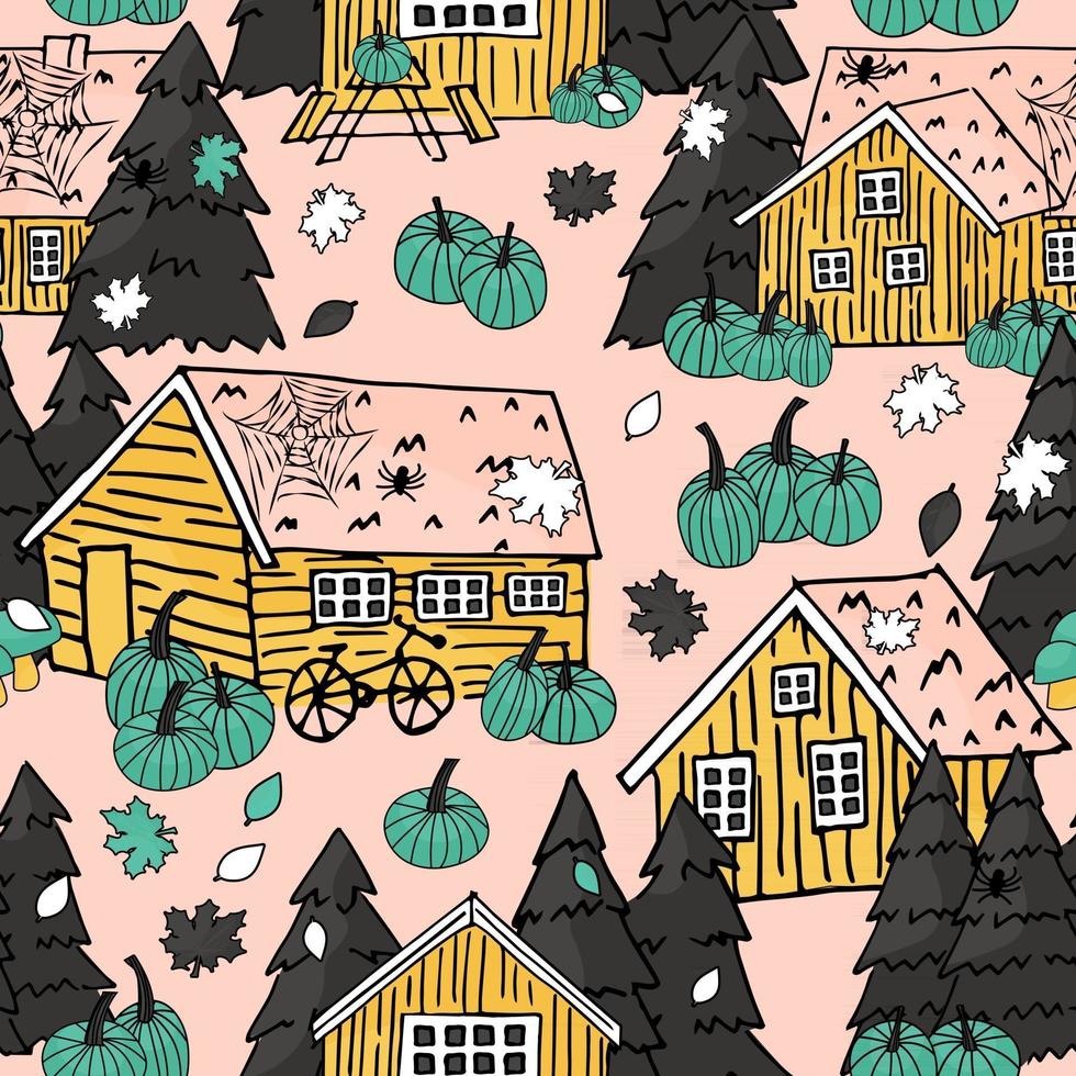 Kanadische und skandinavische Holzhäuser mit Gras auf dem Dach und Weihnachtsbäumen handgeschriebenes nahtloses Wiederholungsmuster mit Kürbissen, Web und Spinnen an Halloween vektor