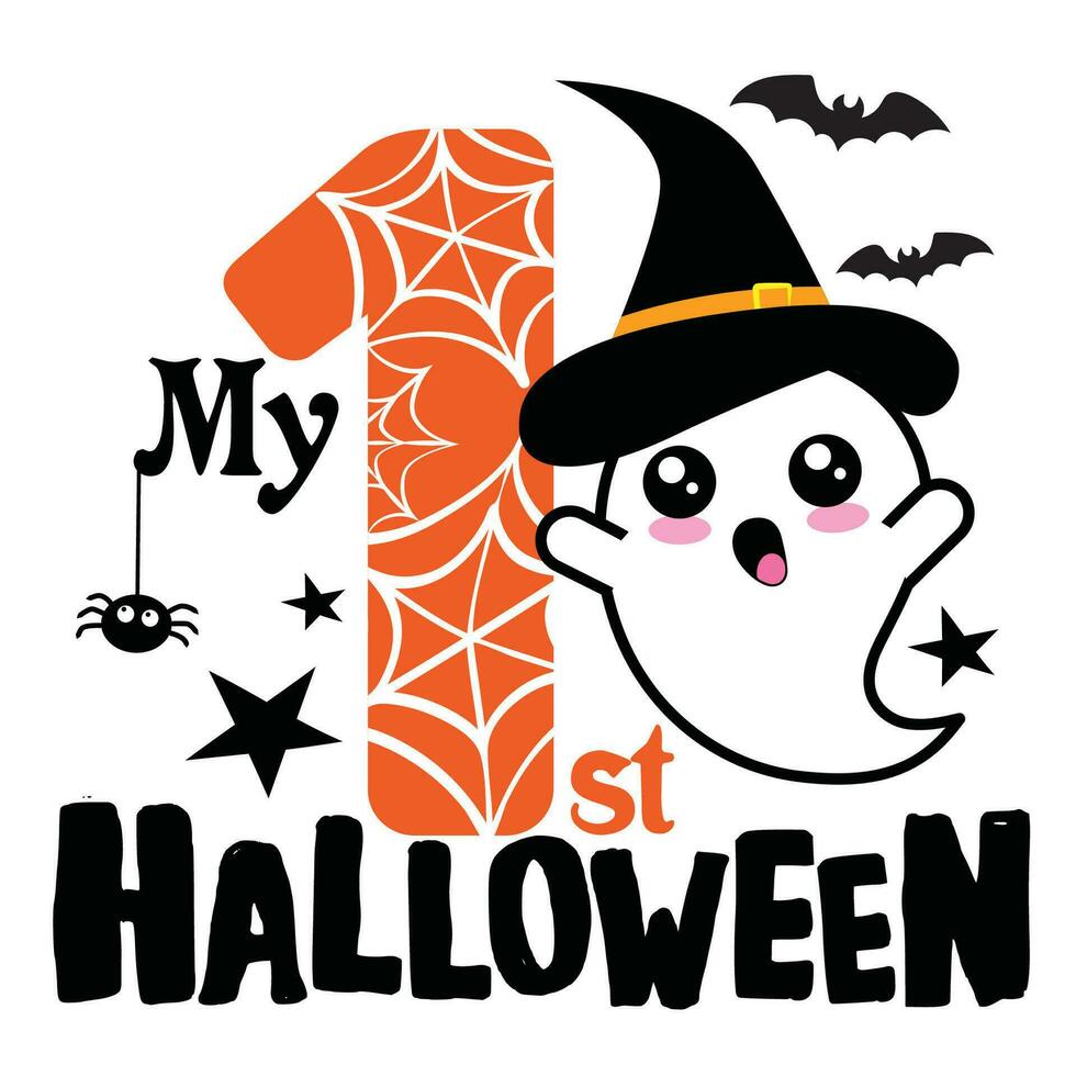 min först halloween, babys 1:a halloween, stock illustration, firande halloween. ung och Lycklig, t-shirt grafik, affischer, fest begrepp, textil- design, och kort. vektor