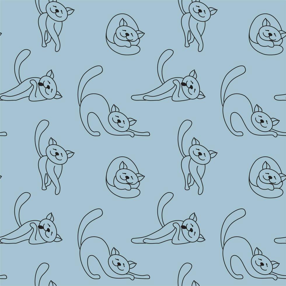 Katze Umriss. Silhouette von Katzen im anders Posen, linear Illustration. nahtlos Muster zum Stoff, Verpackung, Textil, Hintergrund, Kleidung. Vektor