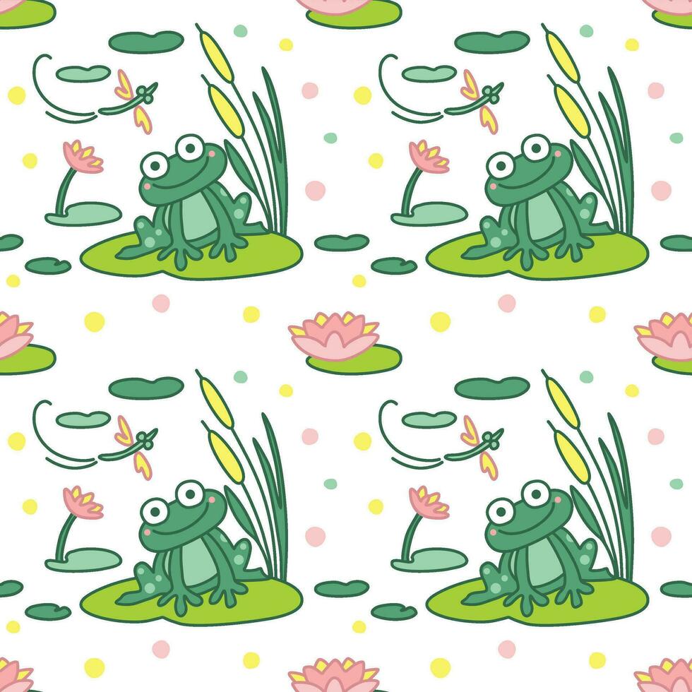 komisch Frosch, See und Wasser Lilie, Teich, Muster zum Kinder Textil, abstrakt Tiere vektor