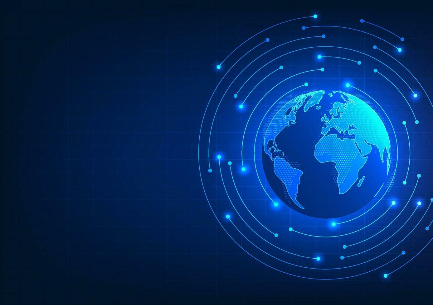 global teknologi, de teknologi den där omslag de hela värld bidrar till de utveckling av de ekonomi och människors försörjning. vektor illustration klot med cirklar runt om den
