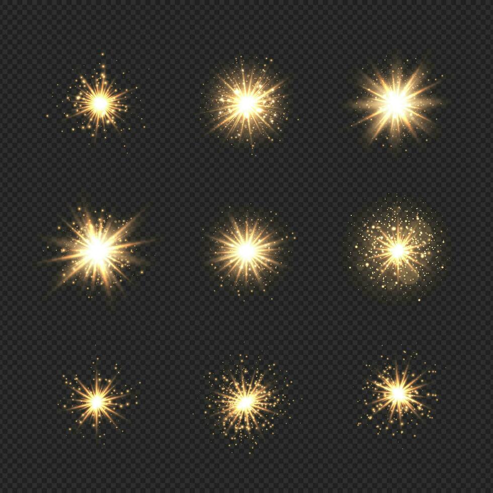 Sammlung von Star platzen mit funkelt und Bokeh. golden Licht Fackel bewirken mit funkelt und funkeln. Vektor Illustration glänzend glühen Star mit Sternenstaub