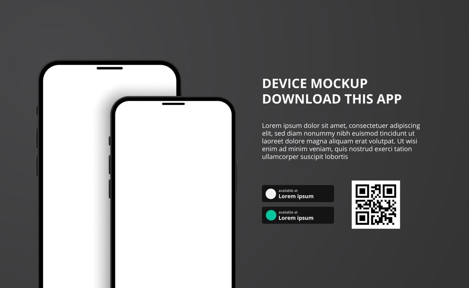 målsida bannerannonsering för nedladdning av app för mobiltelefon, 3d dubbel smartphone enhet mockup mörk bakgrund. nedladdningsknappar med skanna qr-kodmall. vektor