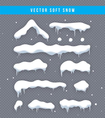 Snöhattar, snöbollar och snödäckssats. Snöflinga vektor samling. Vinterdekorationselement. Snöiga element på vinterns bakgrund. Teckensmall. Snöfall och snöflingor i rörelse. Illustration.