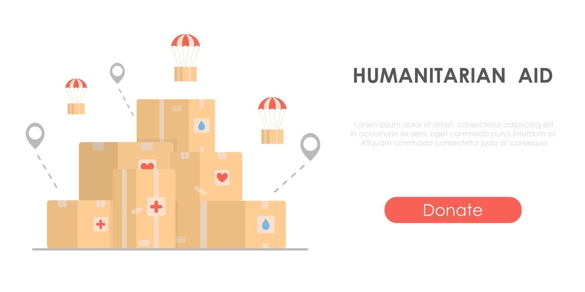 humanitäre Hilfe - Charity-Konzept mit Kartons. Banner zum Sammeln von Hilfe. Konzept für den Welttag der humanitären Hilfe. isolierte flache Vektorillustration. vektor