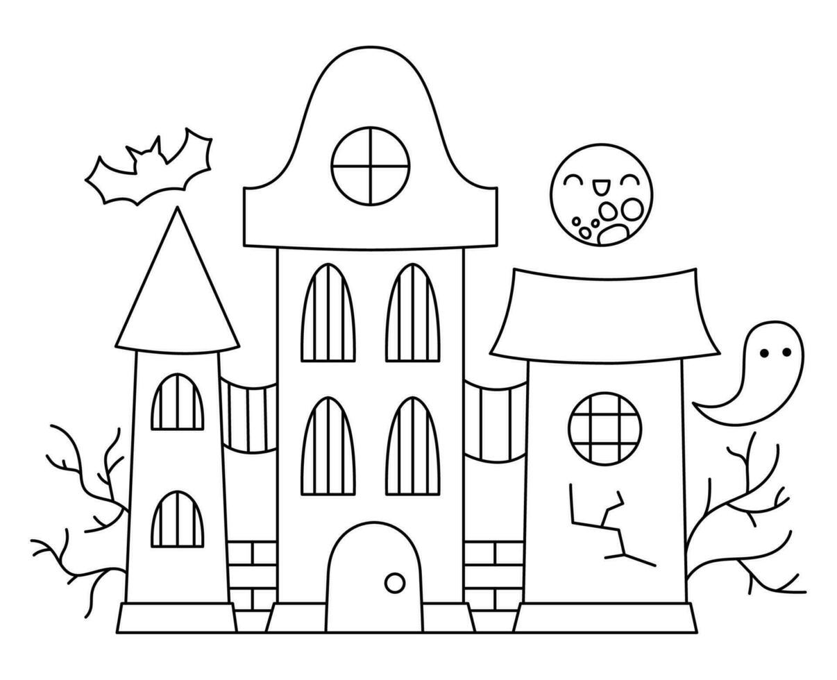 Vektor schwarz und Weiß kawaii verfolgt Haus. süß Halloween Gebäude zum Kinder. komisch Herbst unheimlich Linie Illustration. Samhain Party gespenstisch Hütte Färbung Seite mit Mond, Geist