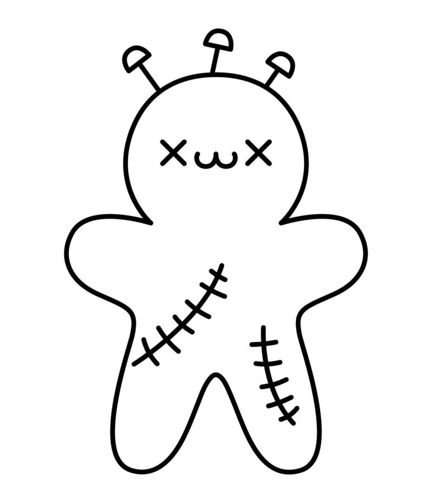 Vektor schwarz und Weiß kawaii Voodoo Puppe. süß lächelnd Halloween Linie Charakter zum Kinder. komisch Herbst alle Heilige Tag Karikatur Illustration. Samhain Party Marionette Symbol oder Färbung Seite