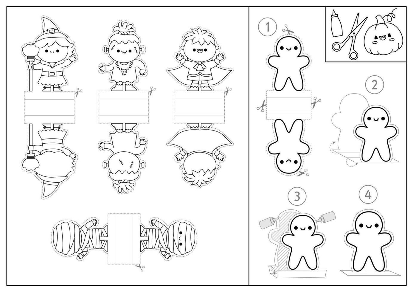 vektor svart och vit halloween papper dockor uppsättning. söt finger dockor eller pommes frites med häxa, vampyr, monster. höst eller falla Semester skära ut hantverk kort. enkel tryckbar spel eller färg sida
