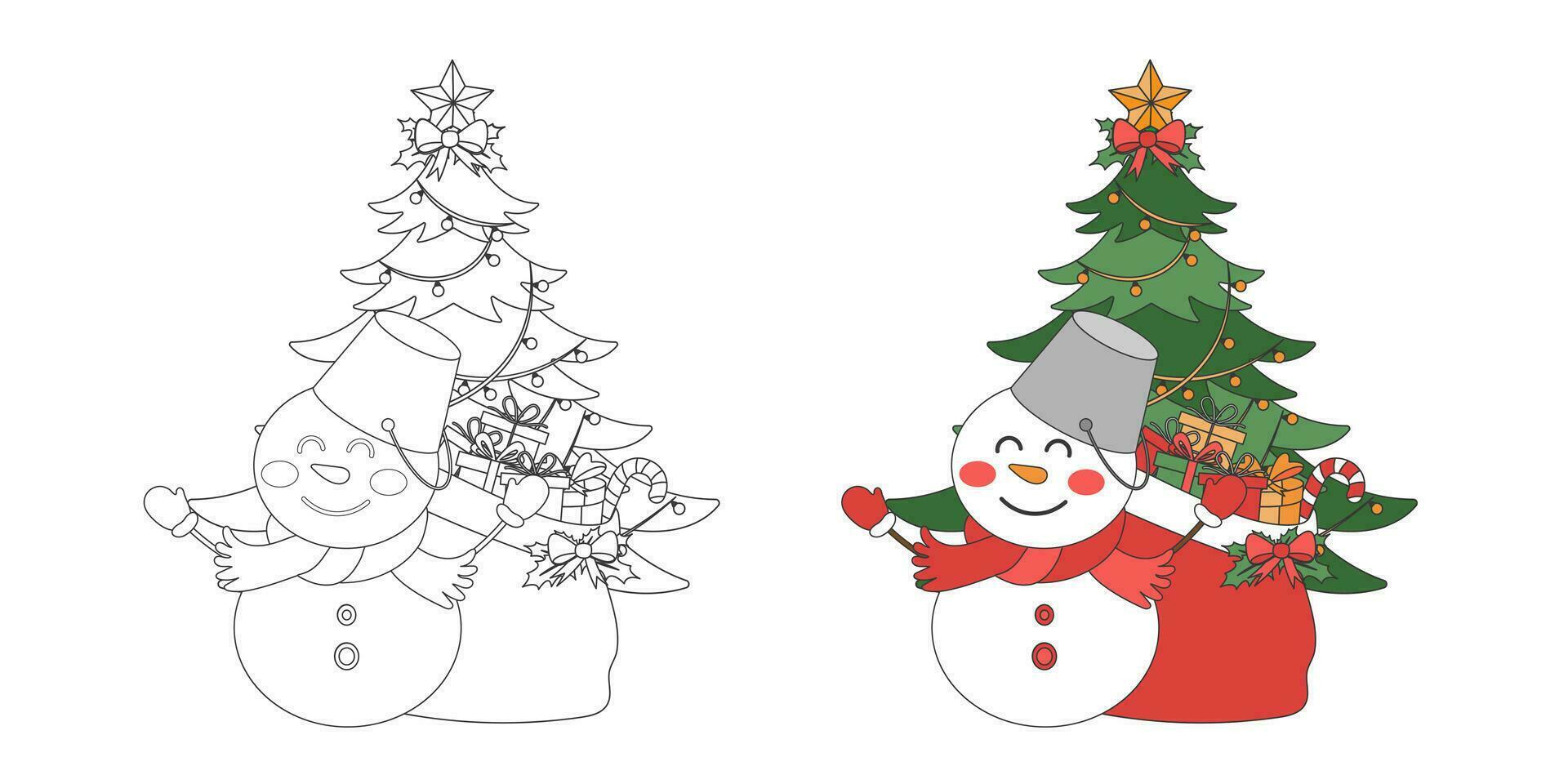 snögubbe, jul gåva väska och jul träd, jul tema linje konst klotter tecknad serie illustration, färg bok för ungar, glad jul. vektor