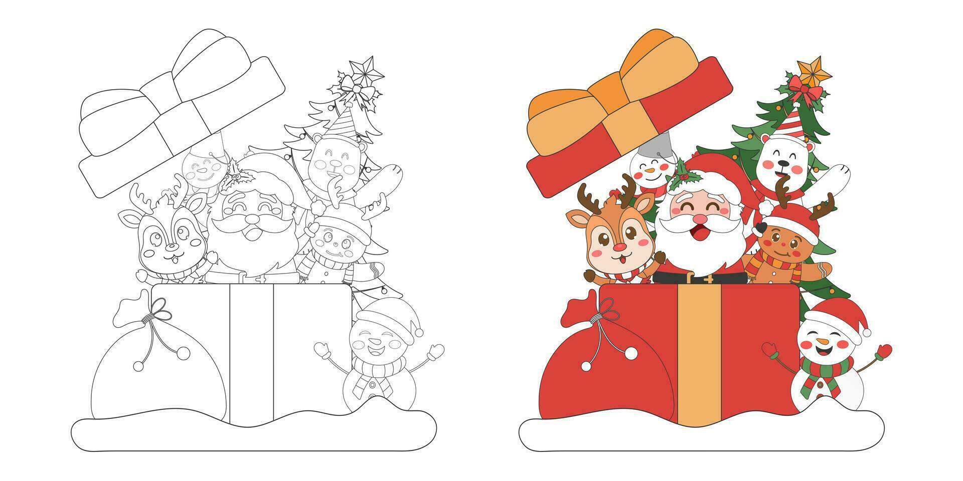 jul gåva låda med santa claus, snögubbe och ren och jul träd, jul tema linje konst klotter tecknad serie illustration, färg bok för ungar, glad jul. vektor