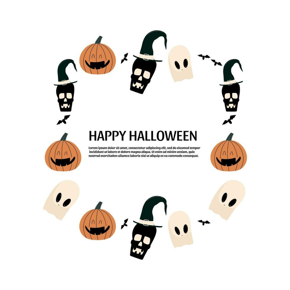 halloween ram med pumpa, spöke och skalle. vektor illustration i hand dragen stil.