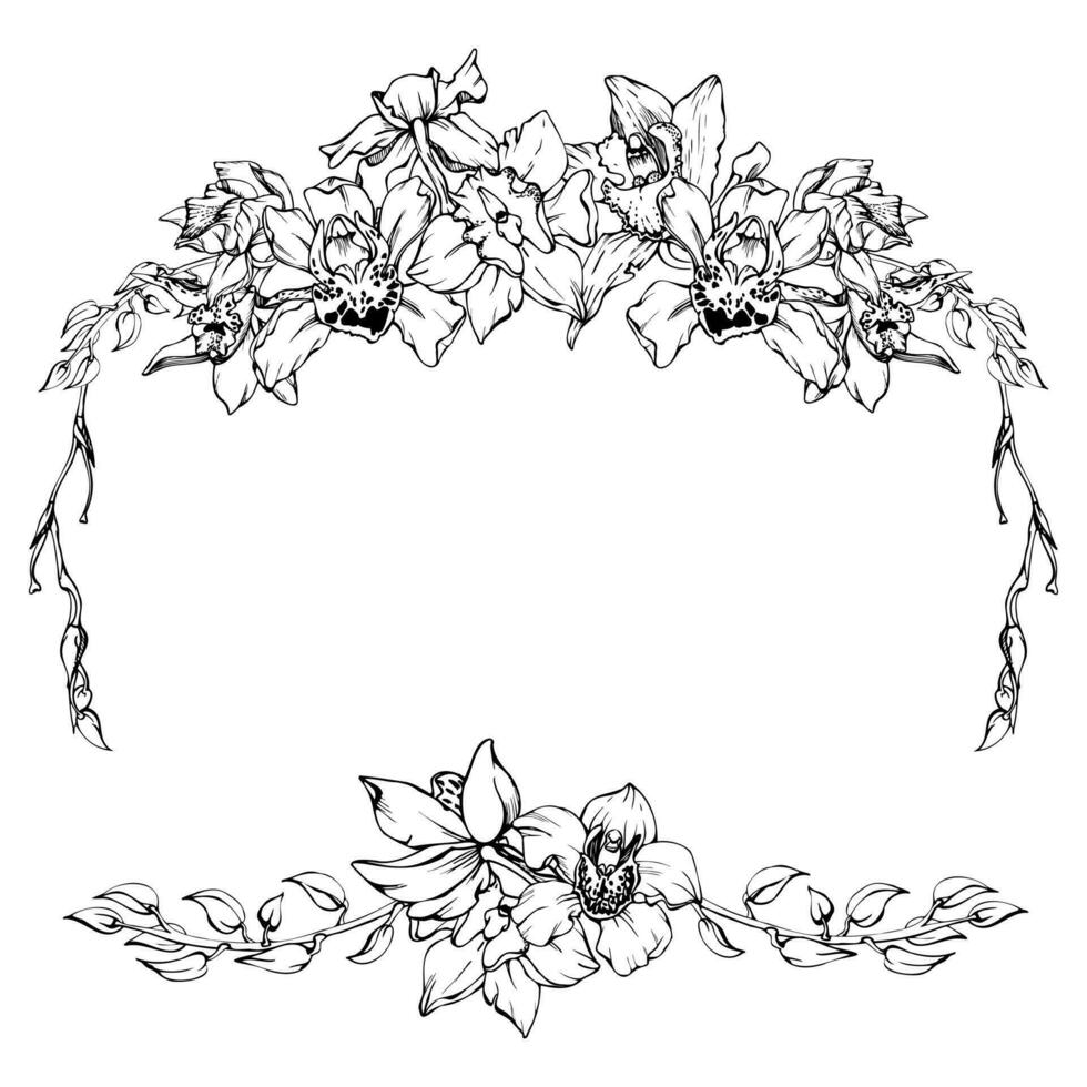 Hand gezeichnet Vektor Tinte Orchidee Blumen und Geäst, einfarbig, detailliert Umriss. horizontal Rahmen Komposition. isoliert auf Weiß Hintergrund. Design zum Mauer Kunst, Hochzeit, drucken, Tätowierung, Abdeckung, Karte.