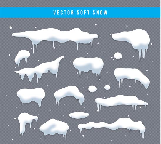 Snöhattar, snöbollar och snödäckssats. Snöflinga vektor samling. Vinterdekorationselement. Snöiga element på vinterns bakgrund. Teckensmall. Snöfall och snöflingor i rörelse. Illustration.