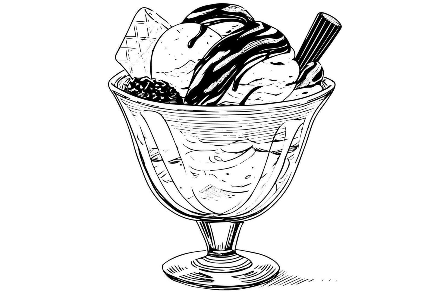 Eis Sahne Schaufeln mit Beeren und Wafer Stöcke im Glas Tasse. Tinte skizzieren graviert Vektor Illustration.