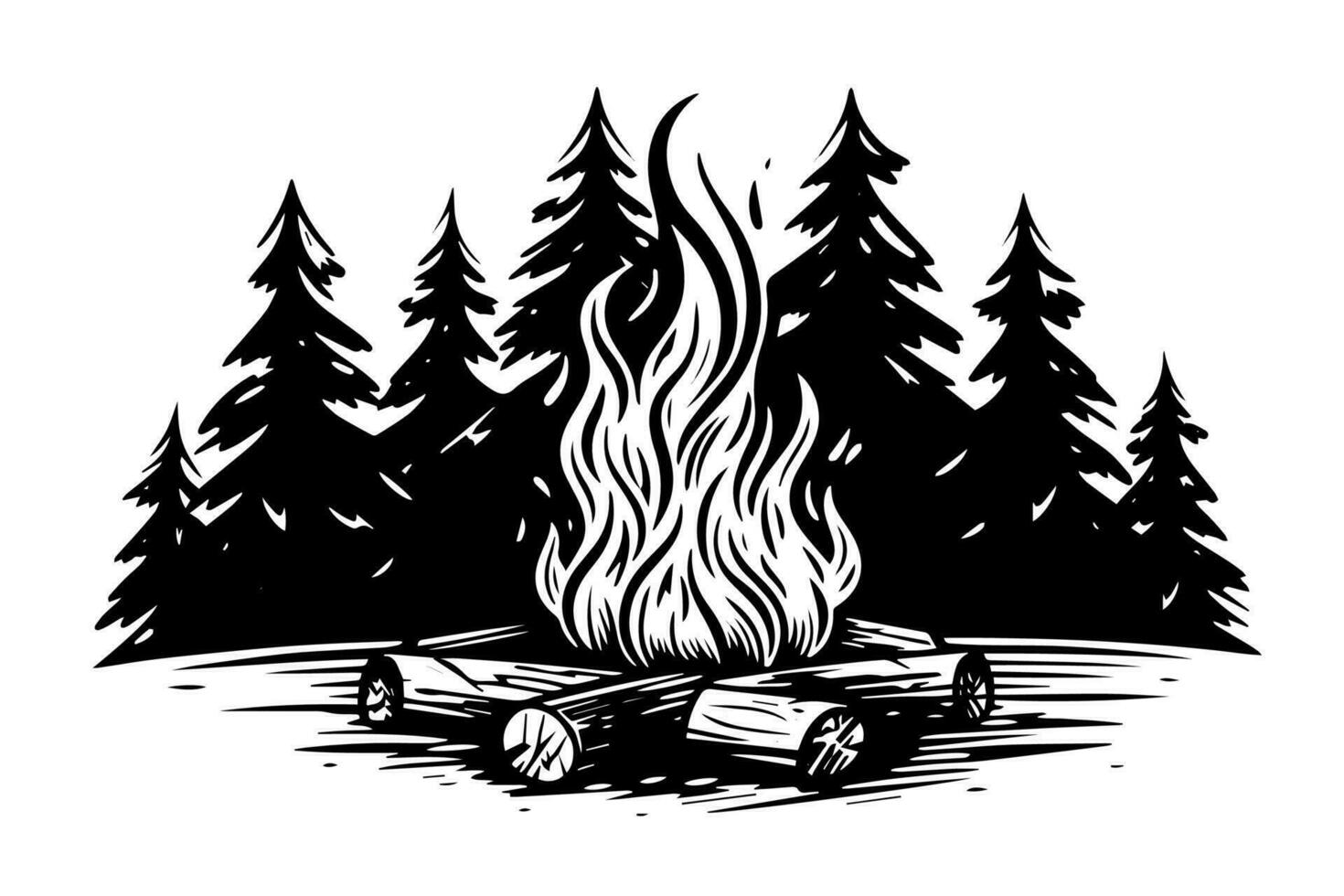 hand dragen camping bål. vektor illustration av brand i skiss gravyr stil.