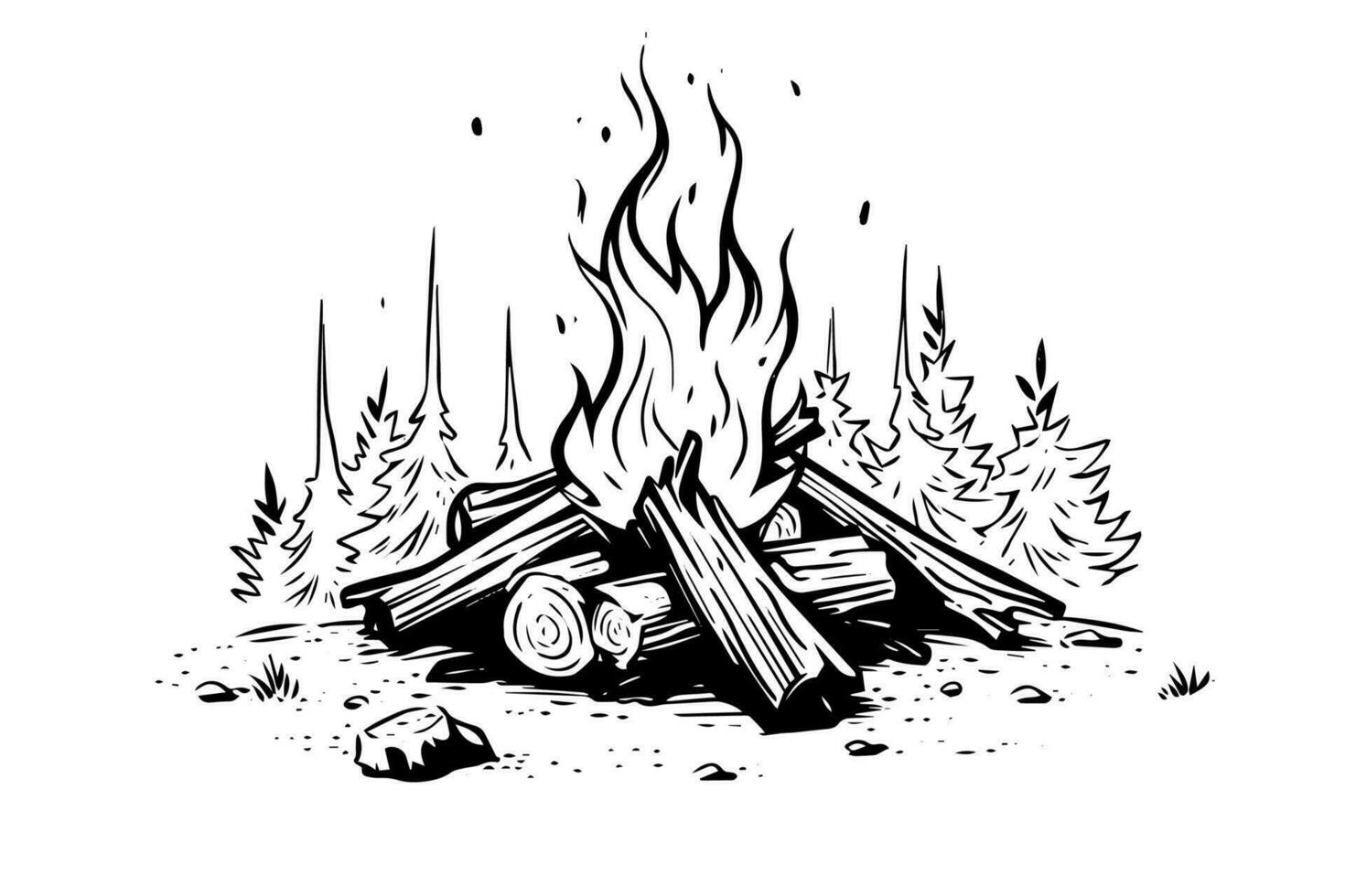 Hand gezeichnet Camping Lagerfeuer. Vektor Illustration von Feuer im skizzieren Gravur Stil.