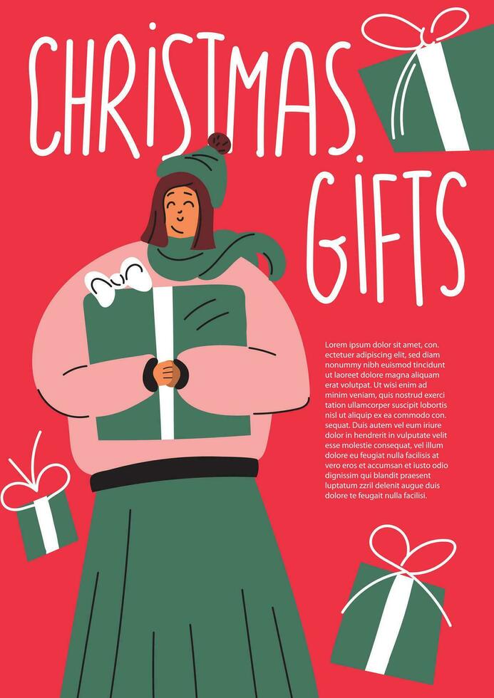 jul försäljning affisch mall. jul gåva inskrift. kvinna i vinter- kläder innehav en gåva låda. baner för uppköp presenterar. vektor